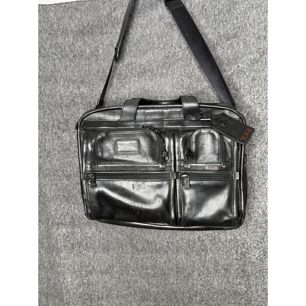 Tumi Leather Laptop Bag 16" Black Briefcase Shoulder Travel Work Business Bag